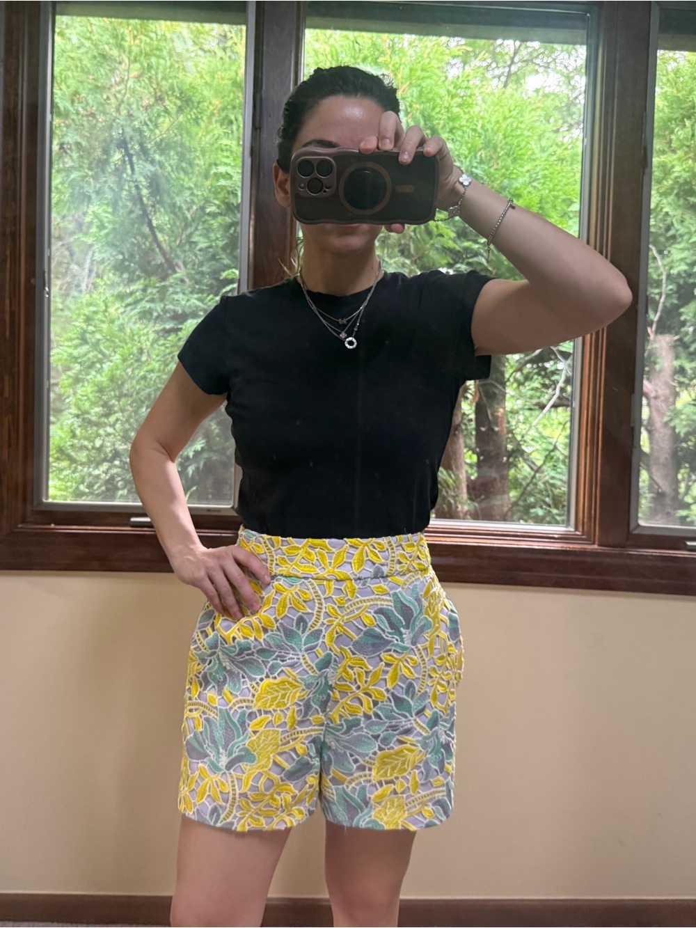 Reformation Yellow, Green & Blue Leaf-Print High-Waist Shorts